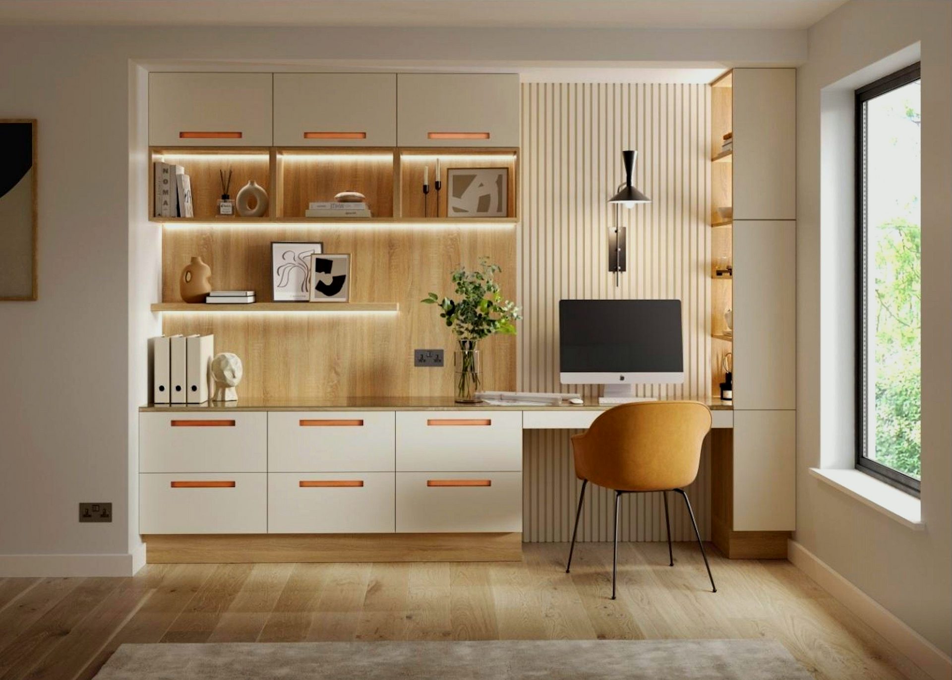 There is a desk with a computer on it in the room.