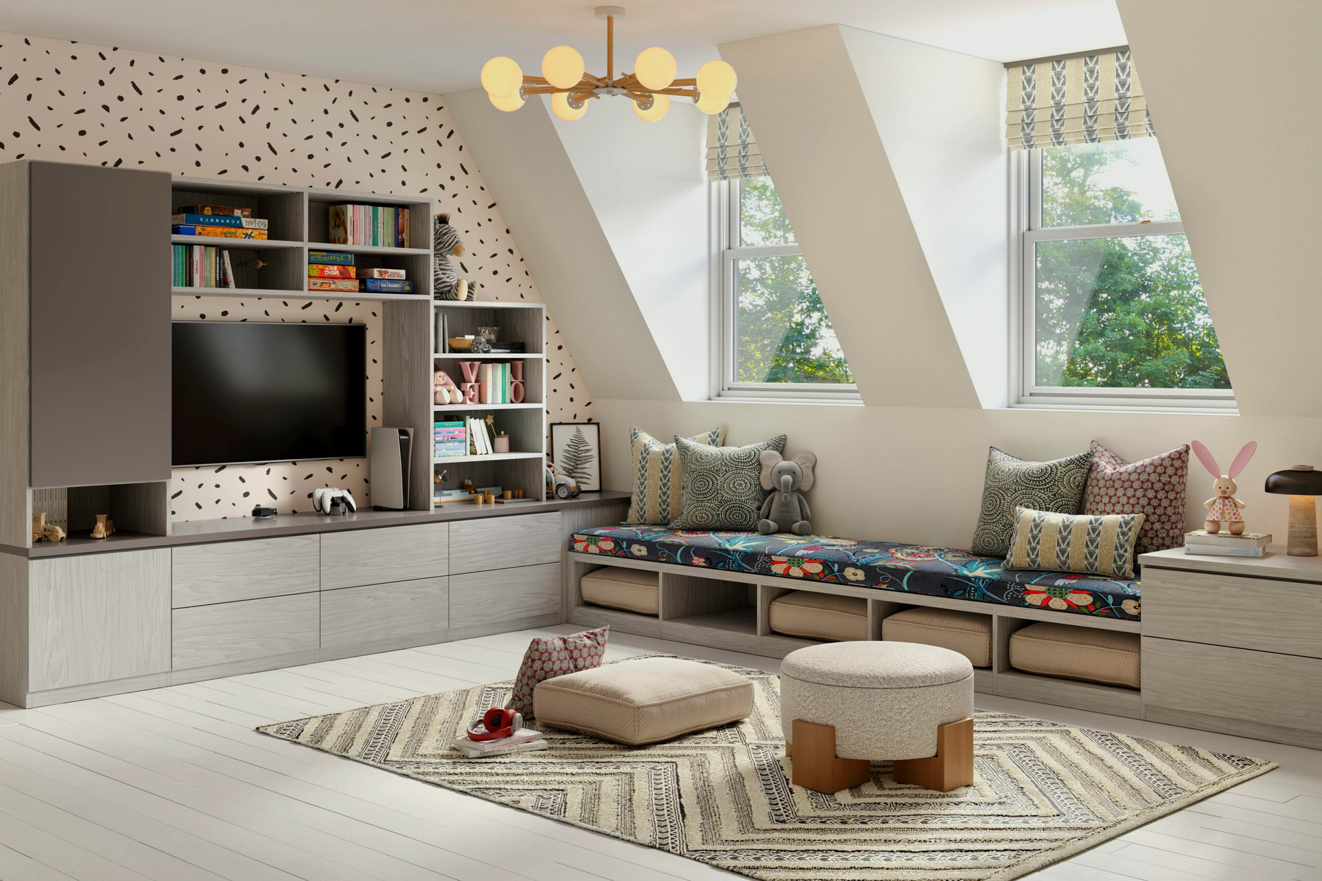 A living room with a flat screen tv and a bench.