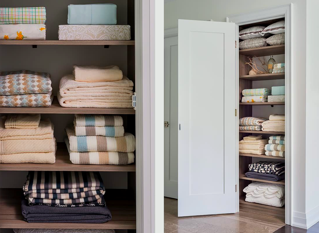A closet filled with lots of towels and blankets.