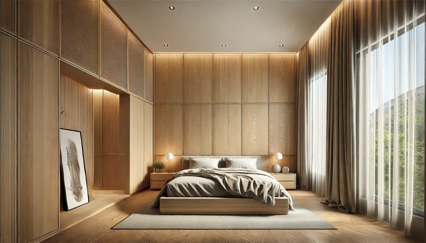 A bedroom with a large bed and wooden walls.