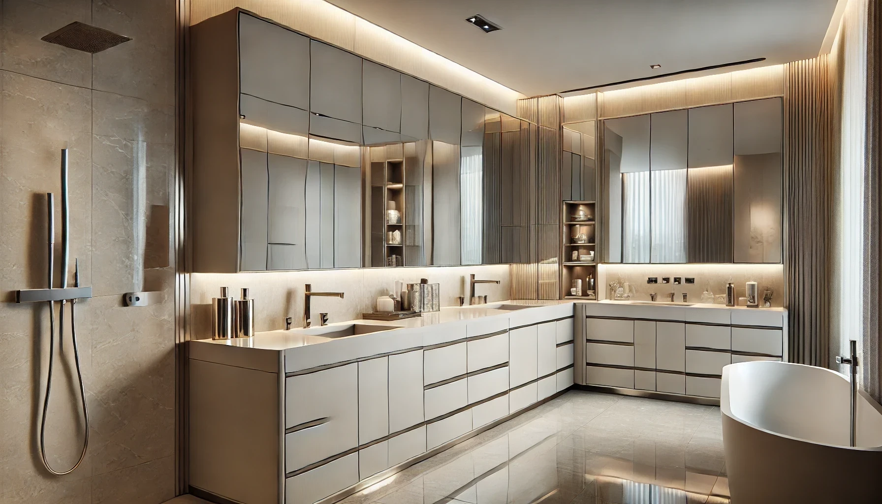 A modern bathroom with two sinks, a tub, large mirrors and a shower.