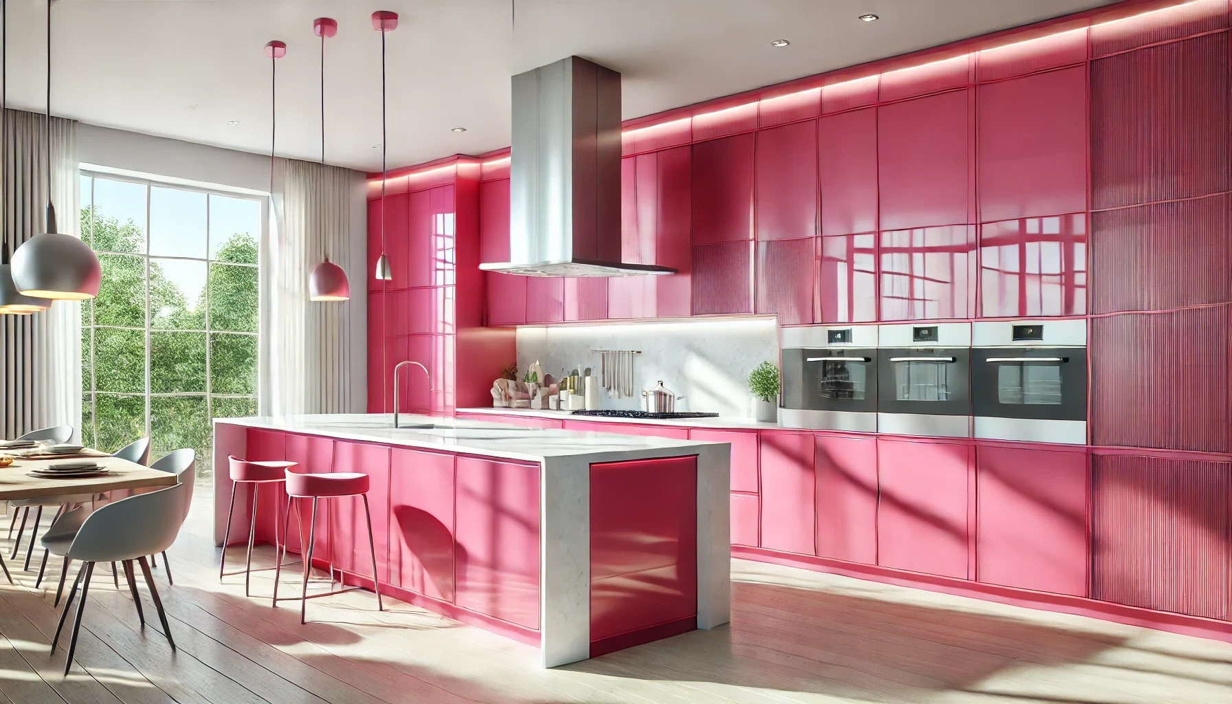 A kitchen with pink cabinets and stainless steel appliances.