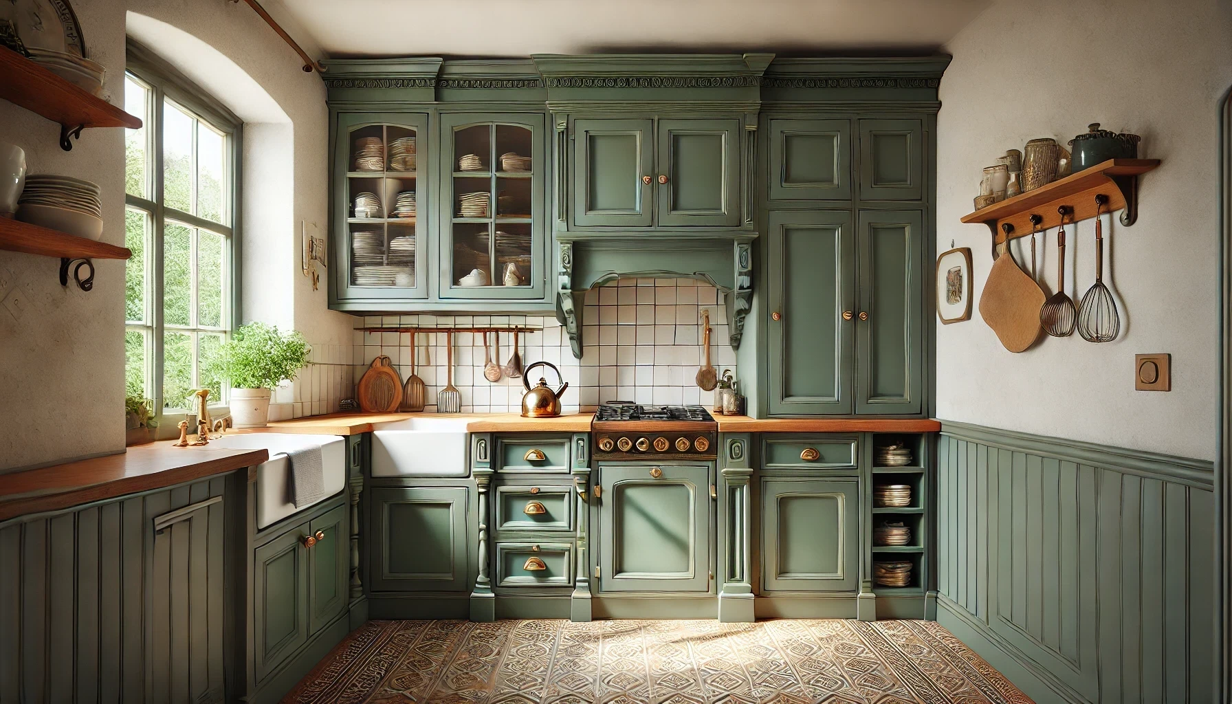 A kitchen with green cabinets , a stove , a sink , and a window.