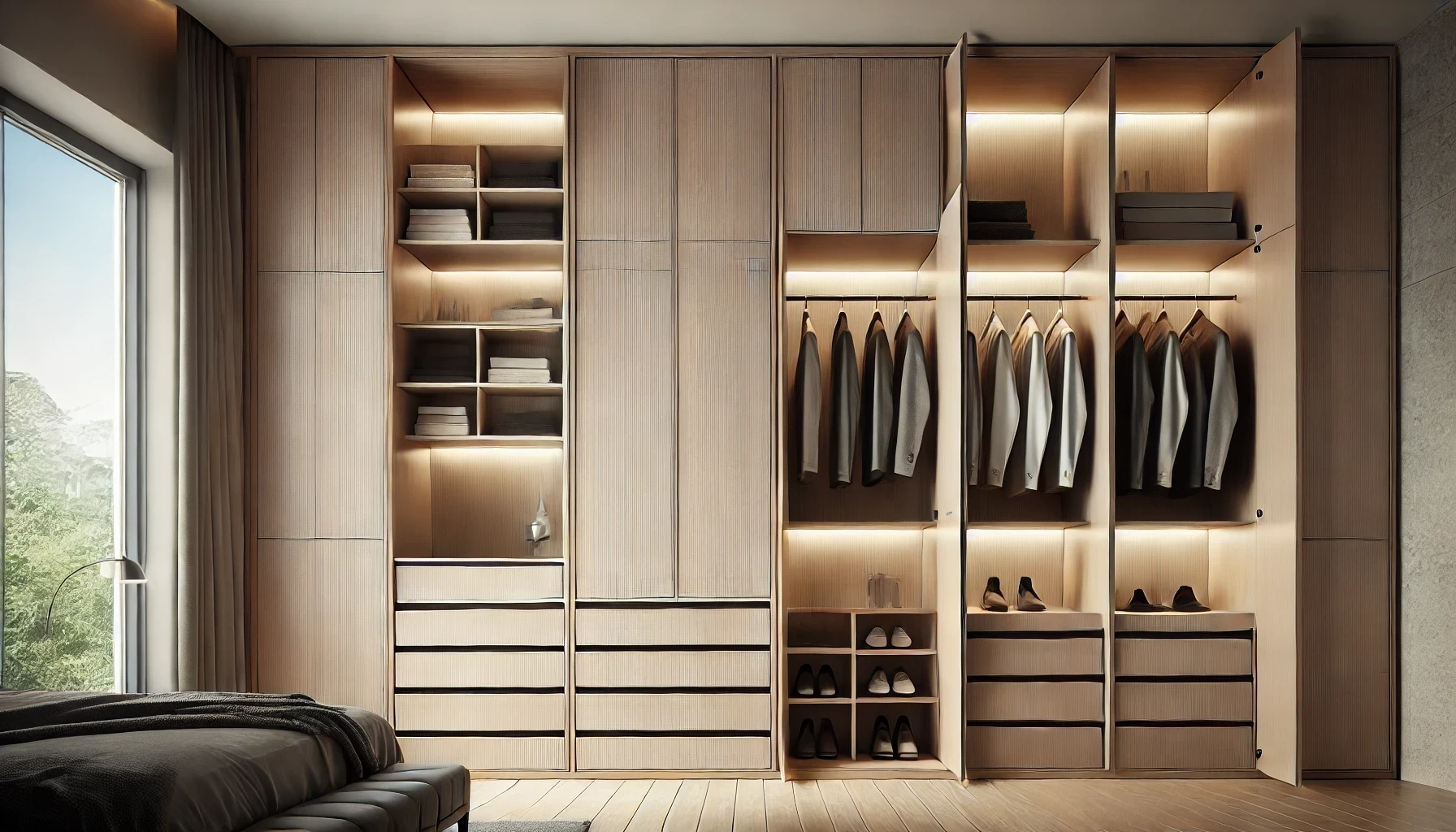 A bedroom with a large walk in closet filled with clothes and drawers.