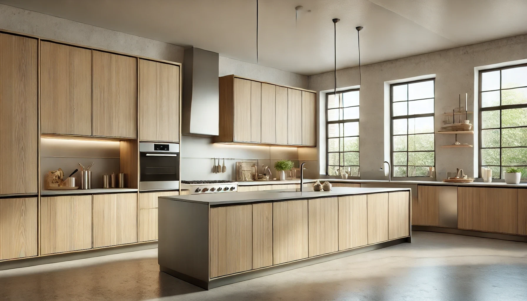 A kitchen with wooden cabinets , stainless steel appliances , and a large island.