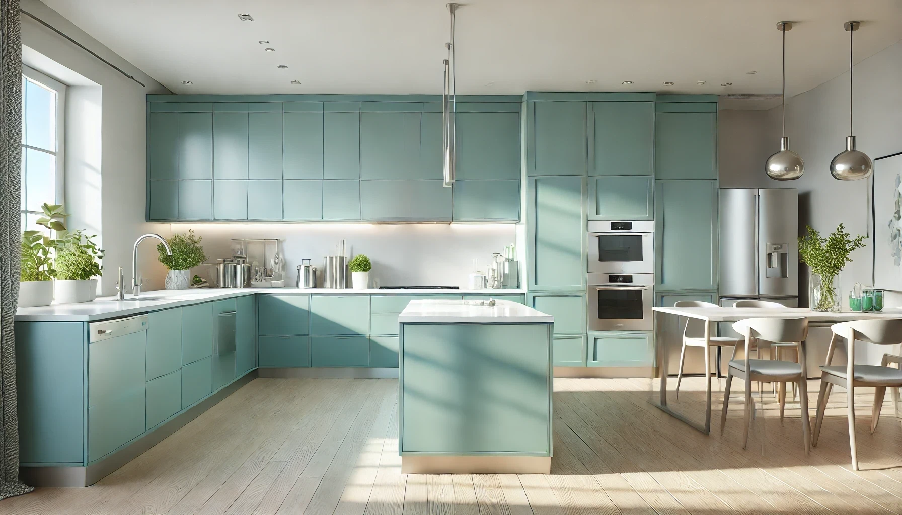 A kitchen with blue cabinets and a large island in the middle.