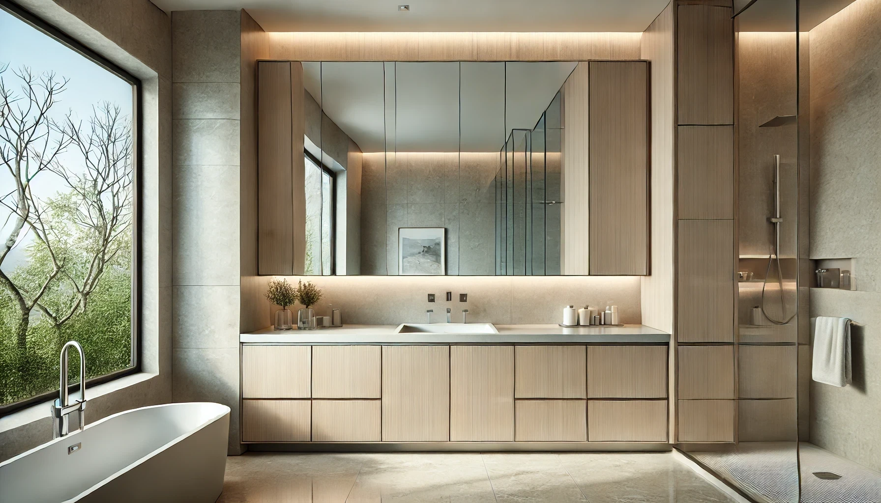 A modern bathroom with a bathtub, sink, mirror and walk in shower.