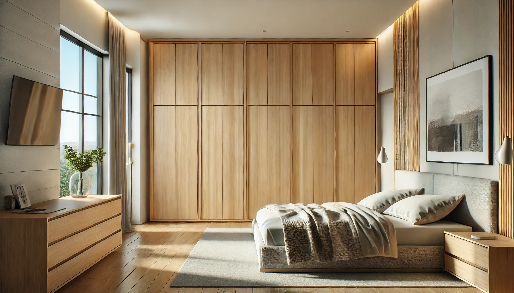 A modern bedroom with a bed, dresser, nightstand and television.