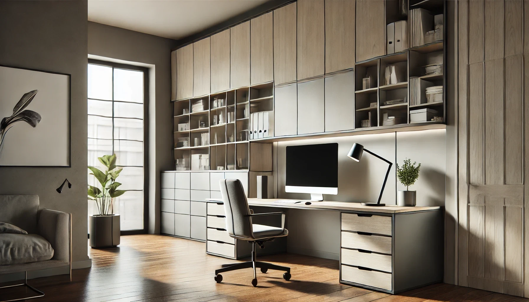 A home office with a desk, chair, computer and shelves.