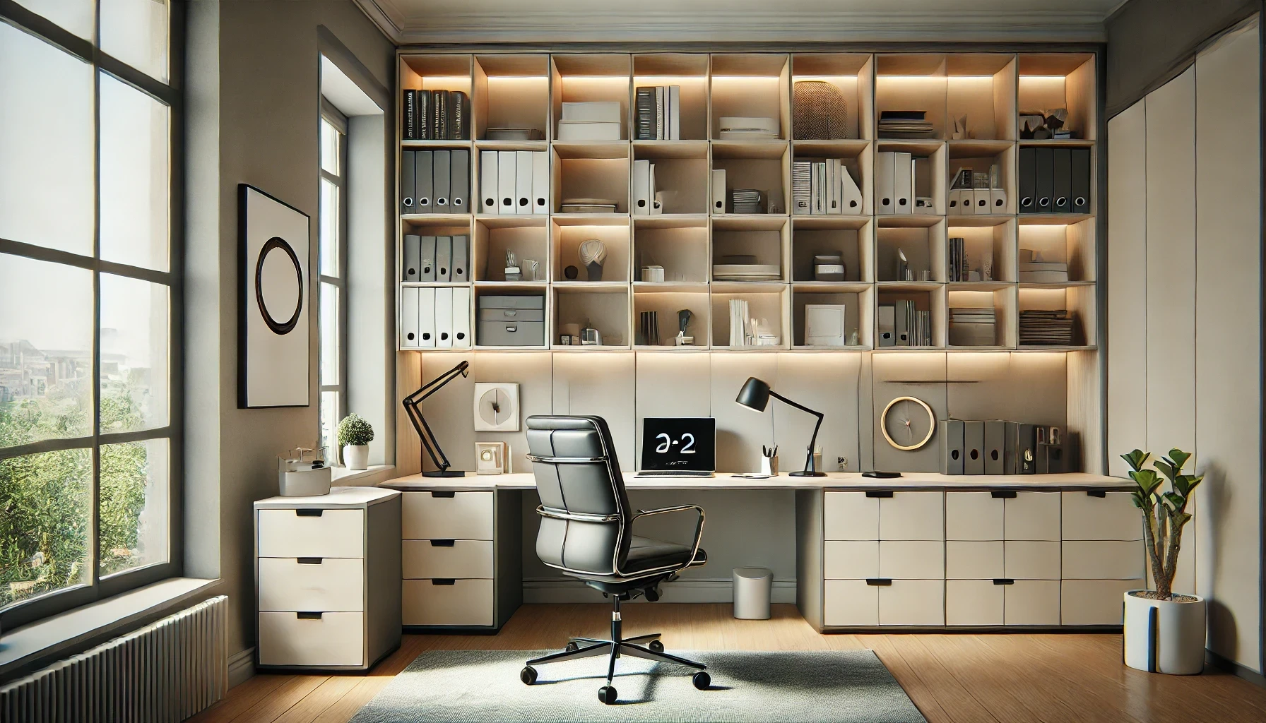 A home office with a desk, chair, and shelves.