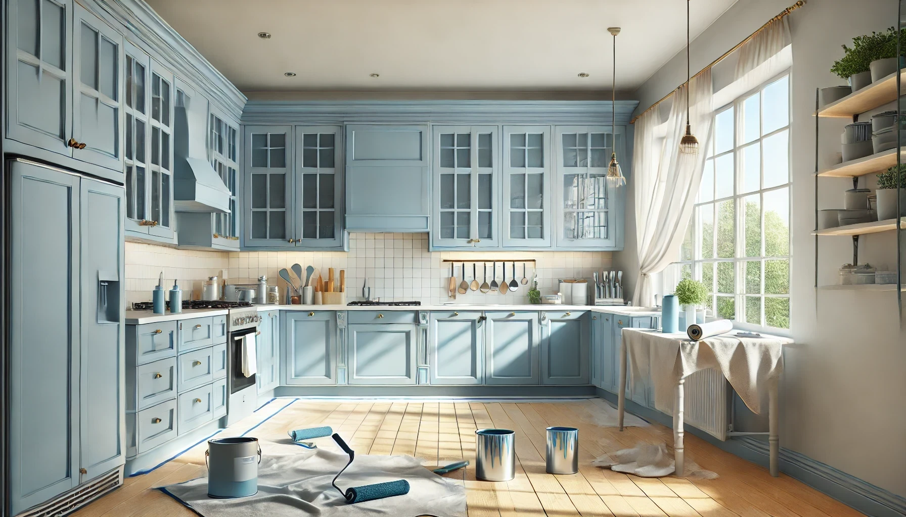 A kitchen with blue cabinets and a wooden floor is being painted.