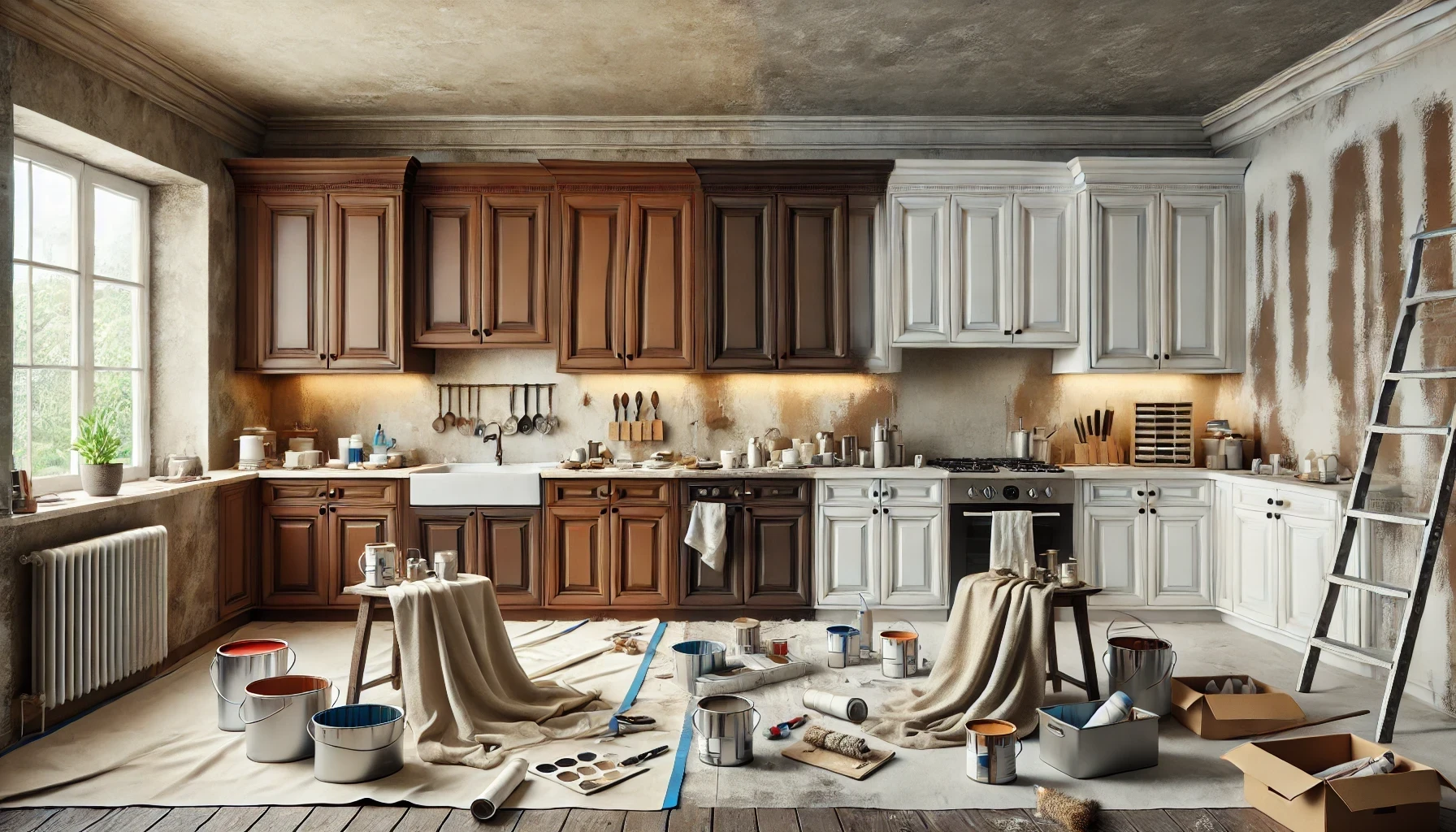 A kitchen is being renovated and the cabinets are being painted in different colours.