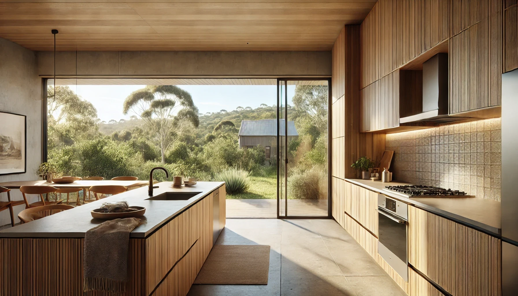 A kitchen with wooden cabinets and a large island.