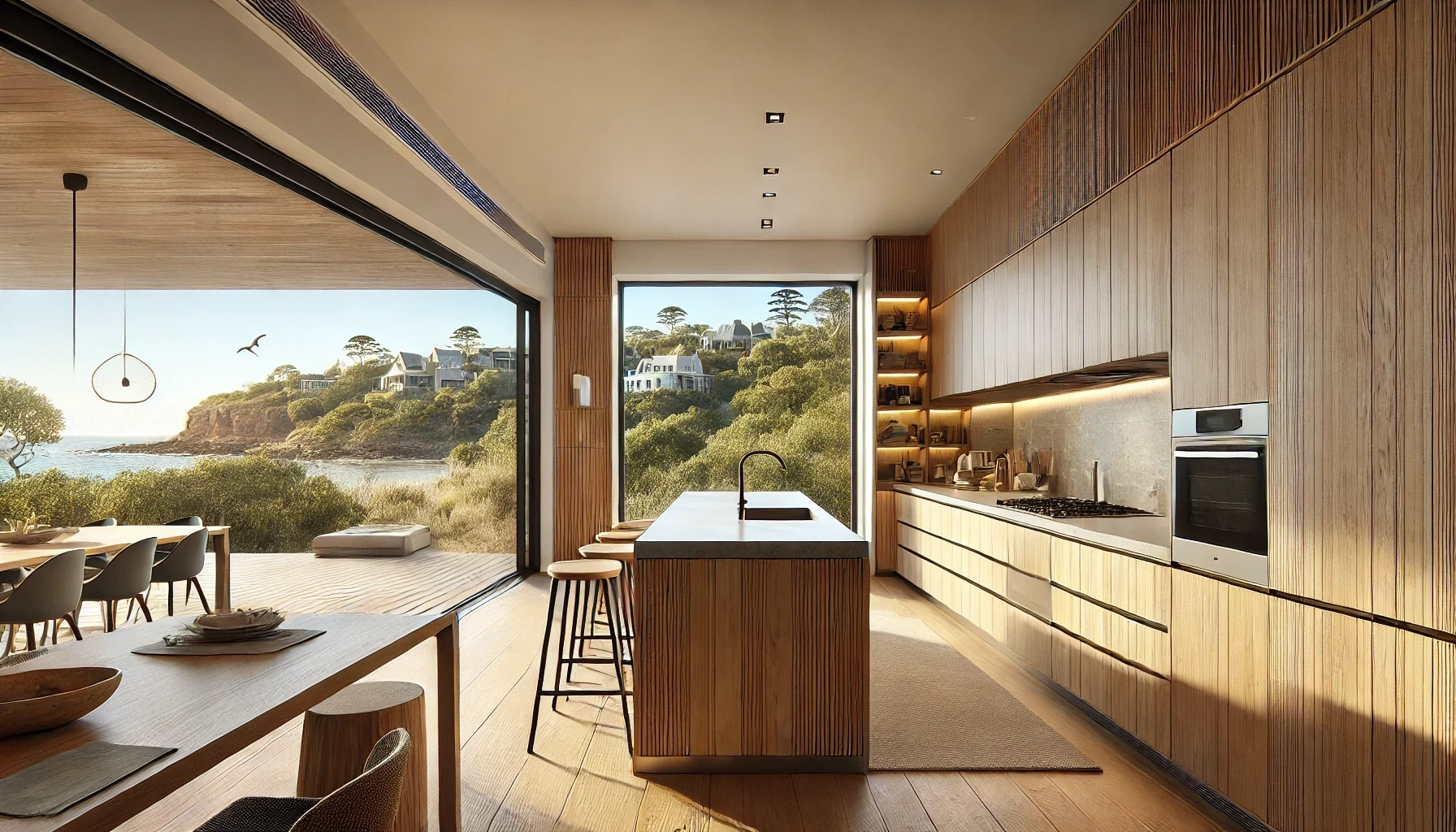 A kitchen with wooden cabinets and a large island with a view of the ocean.