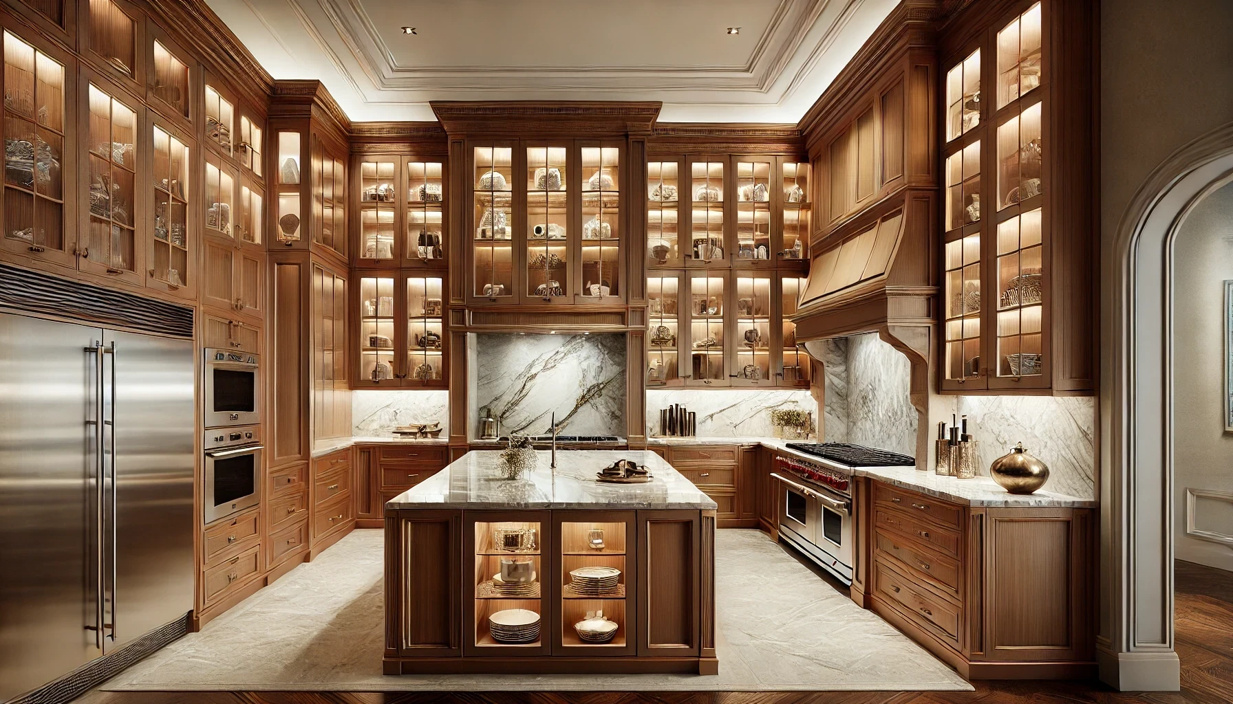 A large kitchen with stainless steel appliances and wooden cabinets.