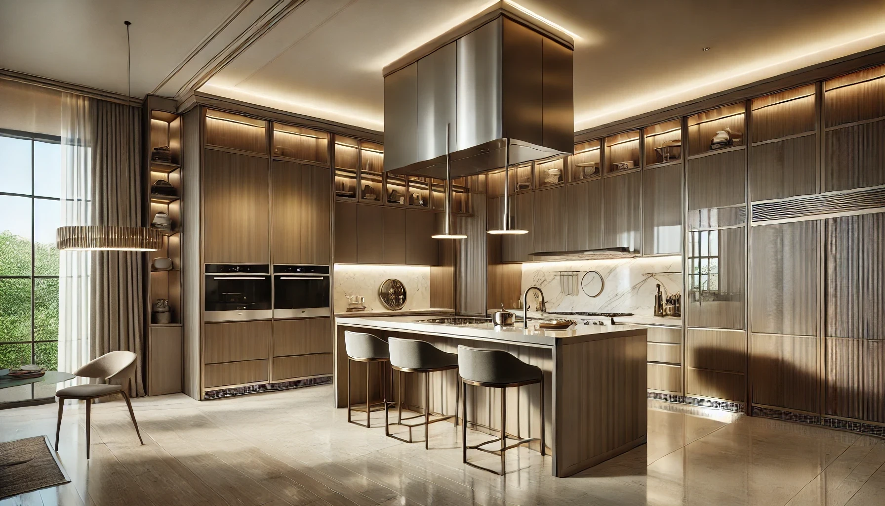 A kitchen with stainless steel appliances and a large island.