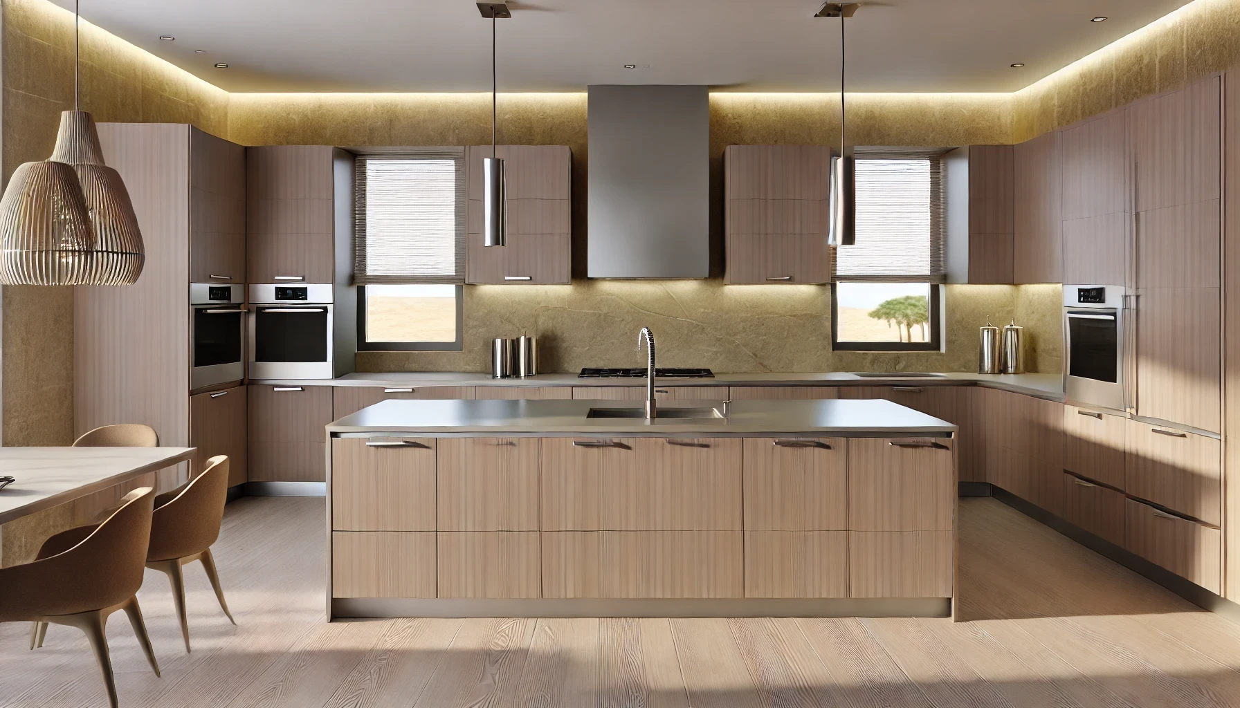 A kitchen with wooden cabinets and stainless steel appliances and a large island in the middle.