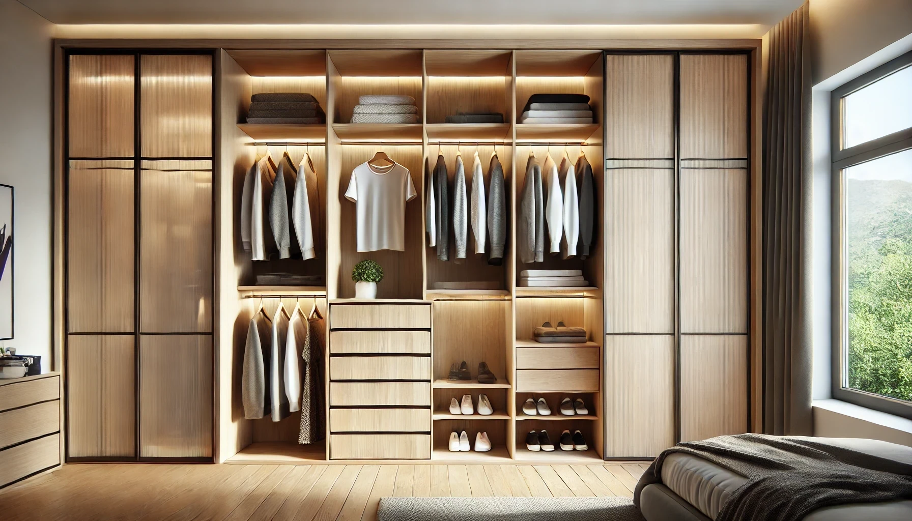 A bedroom with a large walk in closet filled with clothes and shoes.