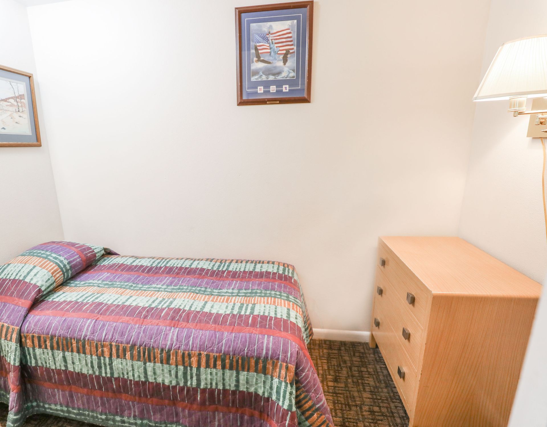 A bedroom with a single bed and a dresser