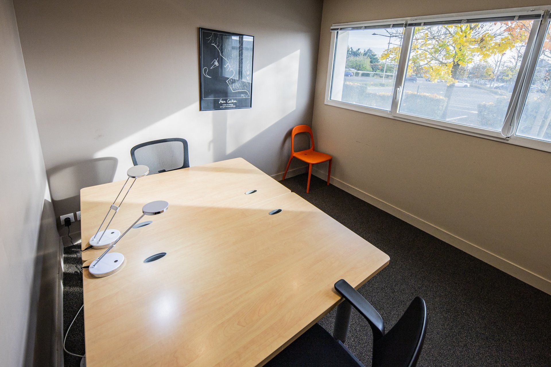 Salle de réunion vide avec une grande table, des chaises et une fenêtre donnant sur les arbres.