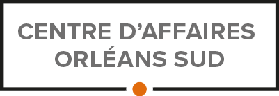 Logo du Centre d'affaires Orléans Sud en texte gris dans un rectangle blanc bordé de noir, point orange en dessous.