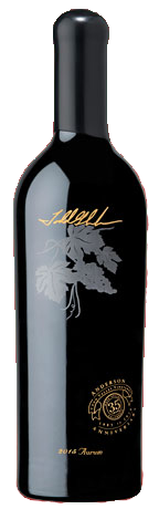 A black glass wine bottle featuring a gold leaf design of grape leaves and vines, and a gold emblem near the bottom.