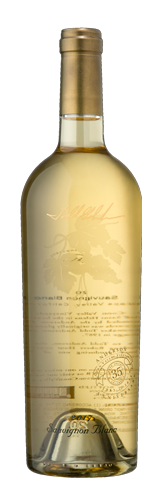 A bottle of pale gold white wine with a tall neck and an embossed label, centered against a plain white background.