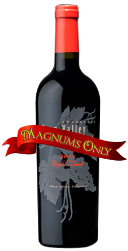 A bottle of red wine with a red cap and a red banner across the front labeled
