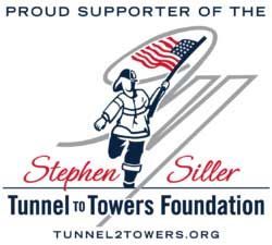 Logo of the Tunnel to Towers Foundation showing a firefighter running with an American flag, with text below.