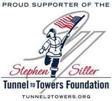 Logo of the Tunnel to Towers Foundation showing a firefighter running with an American flag, with text below.