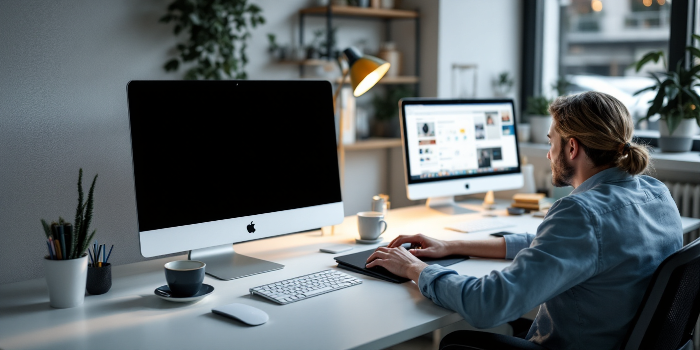 Person in blue shirt holding a gold credit card and tablet near a laptop and calculator.