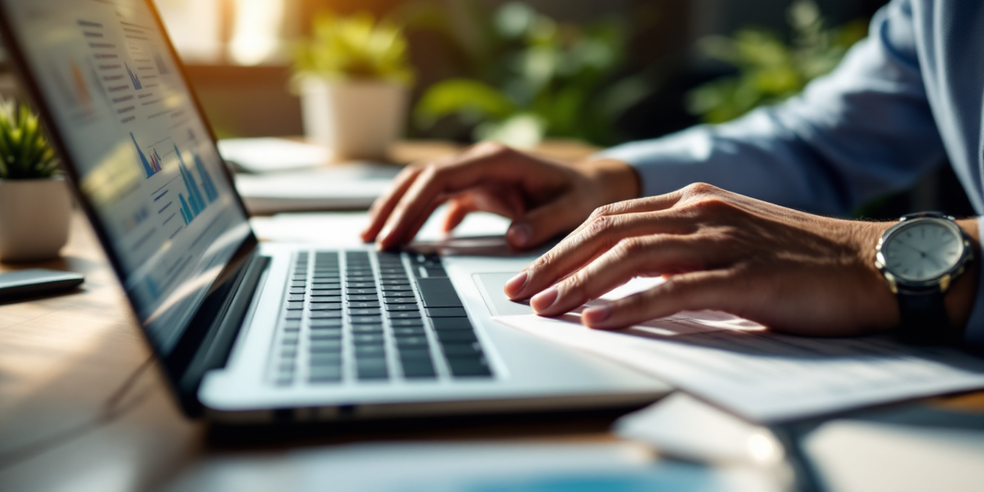 Person in blue shirt holding a gold credit card and tablet near a laptop and calculator.