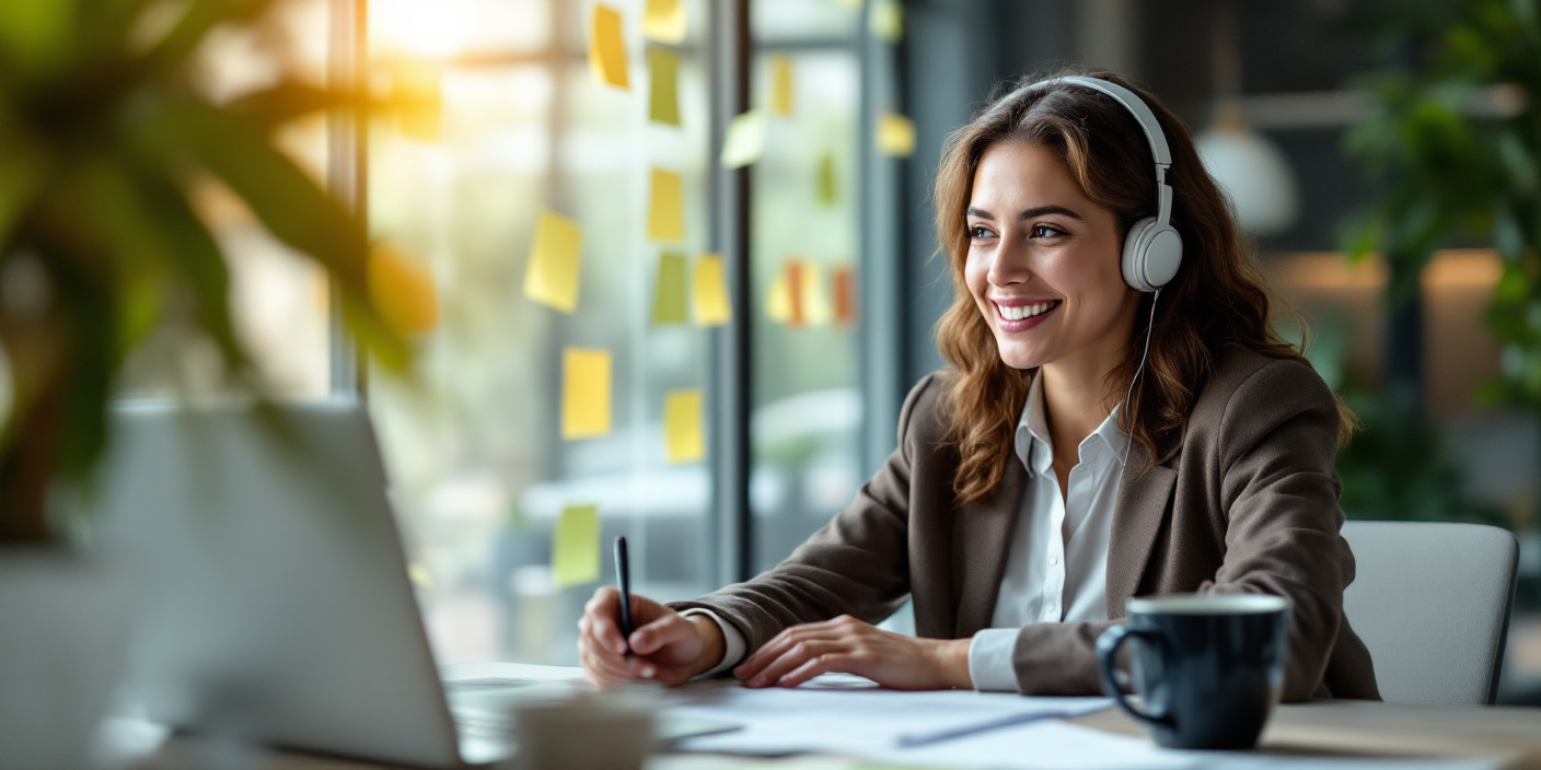 Woman at desk typing on laptop, holding a mug. White blouse, office setting.