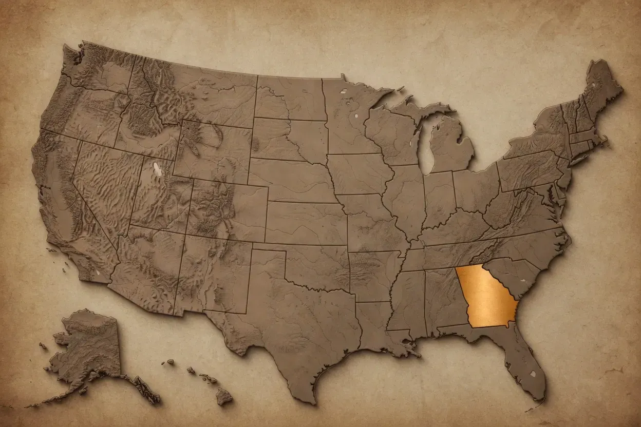 Vintage map of the United States with Georgia highlighted in orange