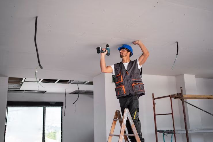 Man Standing On A Ladder Repairing Wire On Ceiling - Cleaning Services in Darling Downs, QLD