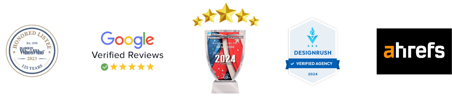 Our awards: Who's Who Honored Listee, Google Verified Reviews, Local SEO Awards, DesignRush Verified Agency, Ahrefs partner