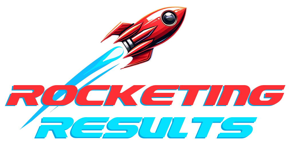 Red rocket soaring, blue exhaust trail; "ROCKETING RESULTS" in red and blue text.