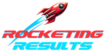 Logo Red rocket soaring with blue exhaust trail above