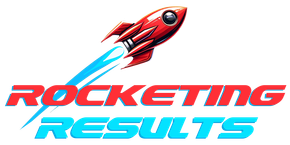Rocketing Results LLC Logo is a Red rocket with blue exhaust
