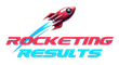 Logo Red rocket soaring with blue exhaust trail above 