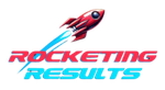 Logo Red rocket soaring with blue exhaust trail above 