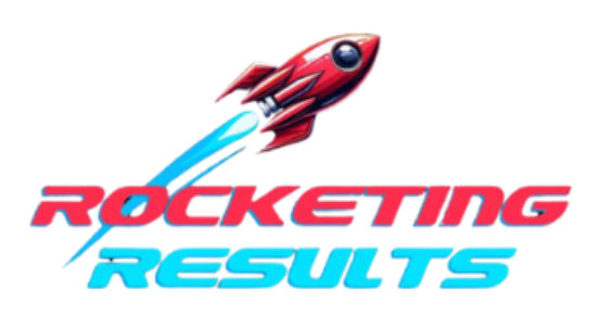 Logo Red rocket soaring with blue exhaust trail above