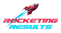 Logo Red rocket soaring with blue exhaust trail above 
