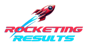 Rocketing Results LLC Logo is a Red rocket with blue exhaust
