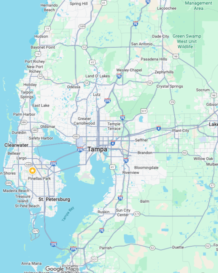 Tampa Bay area map showing contractor service locations