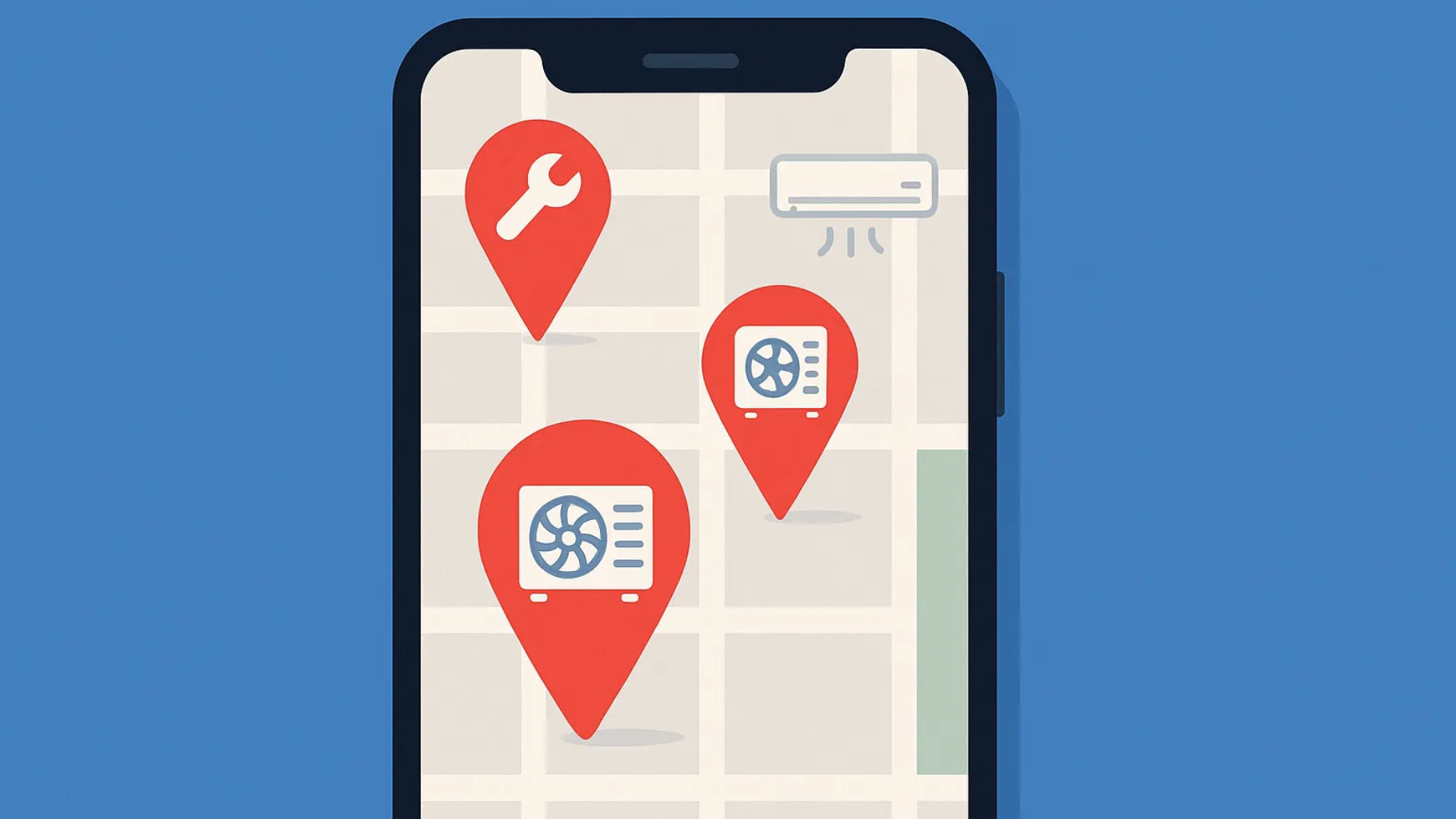 Smartphone displaying Google Maps with HVAC business locations and top three map pack results for local contractors