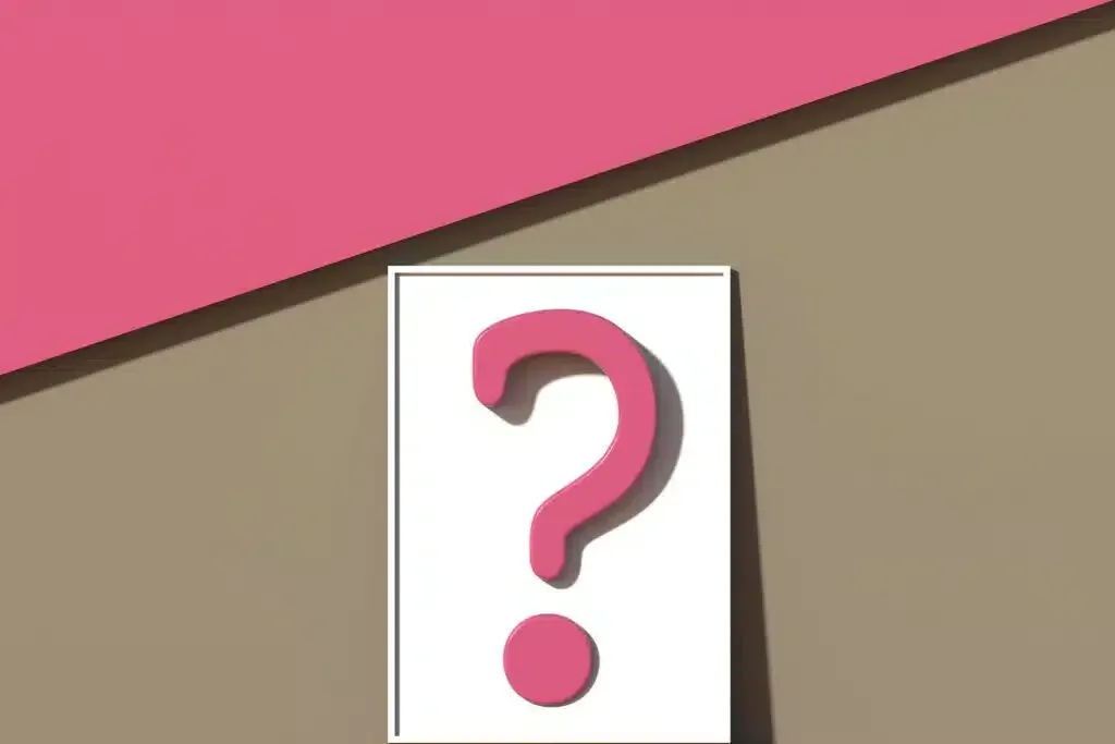 Pink question mark in a white frame, against a tan and pink geometric background.