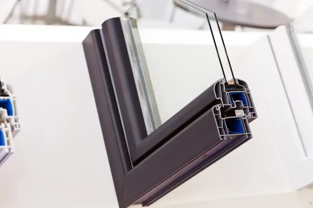 Cross-section of a black window frame with double-pane glass, showcasing construction details.