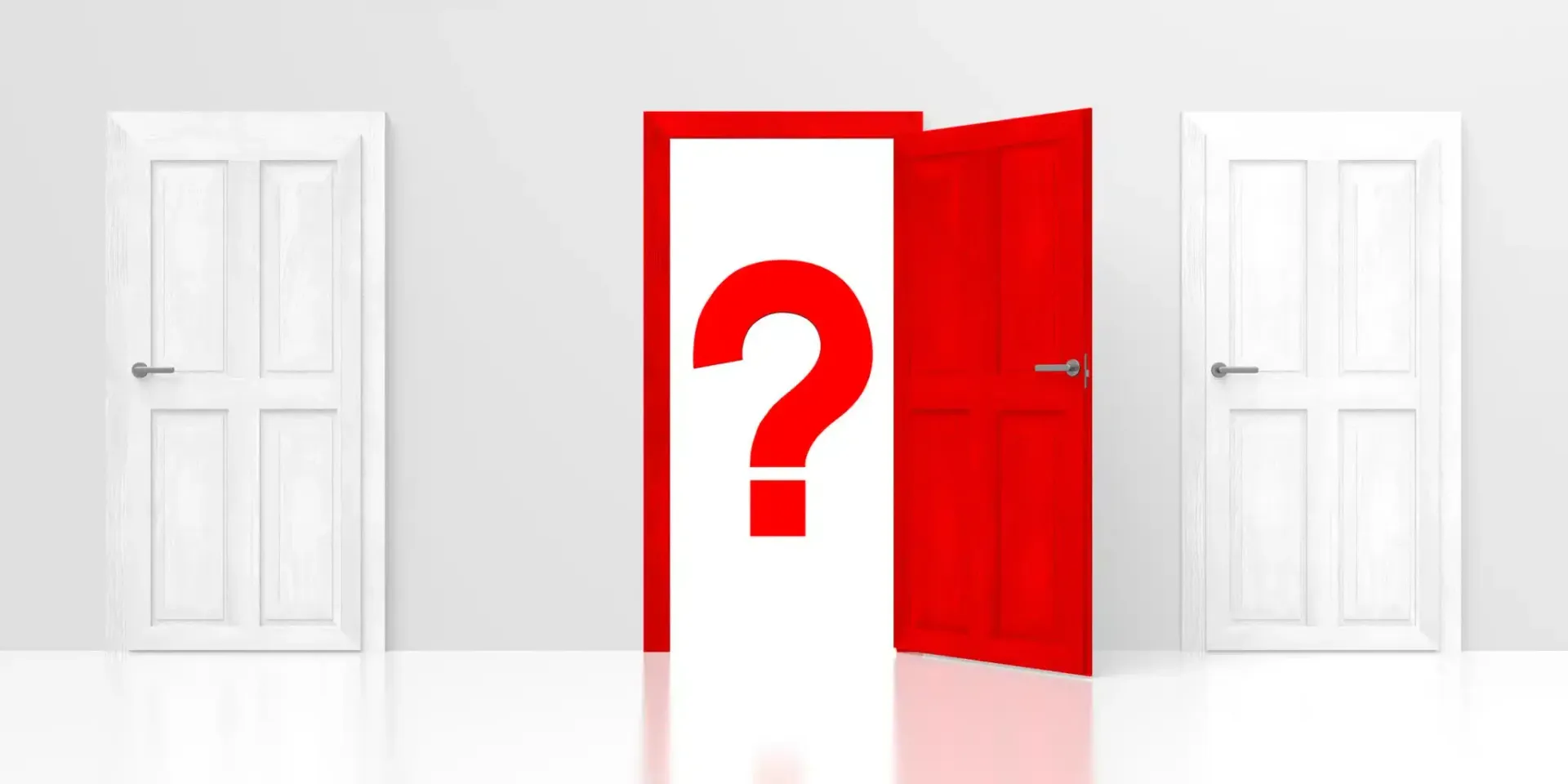 Three doors: white, red with question mark, and white. The red door is open.