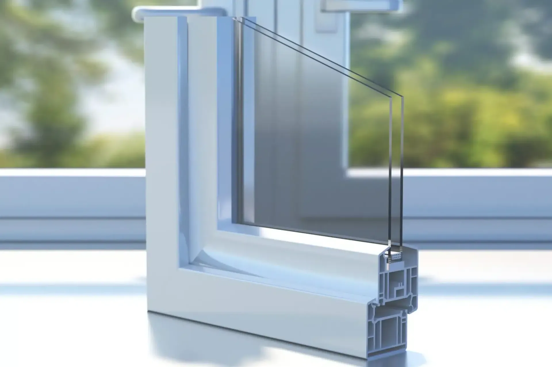 Cross-section of a white, double-pane window frame. Shows insulating air space between glass panes.
